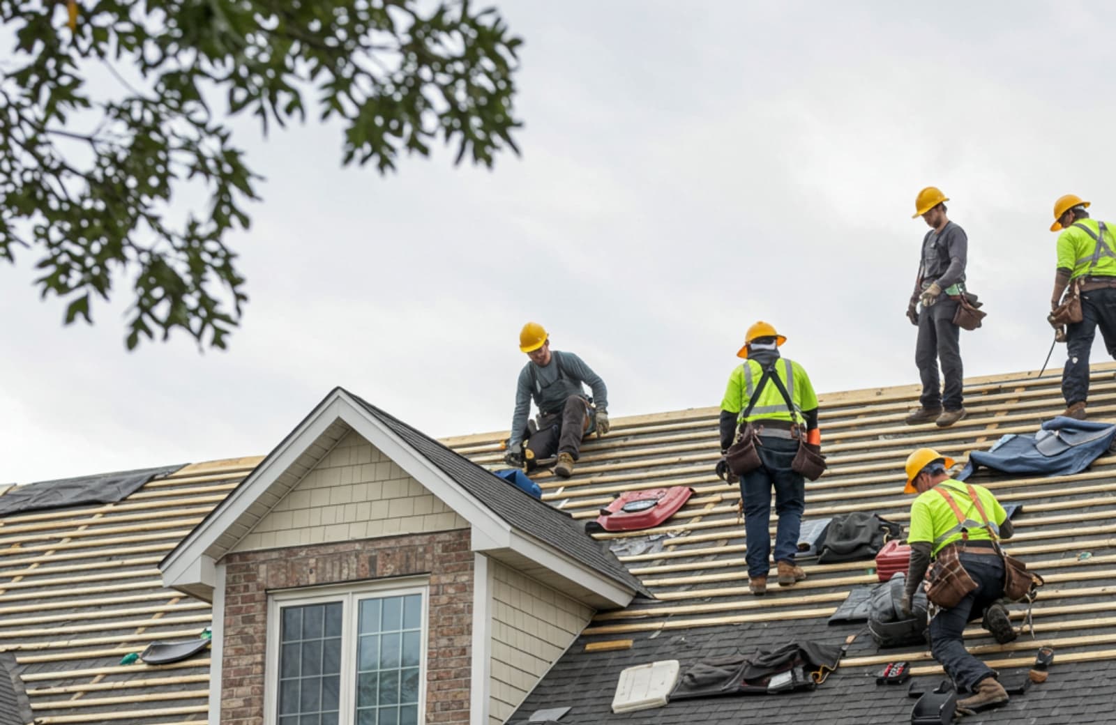 Completed roofing project and handshake